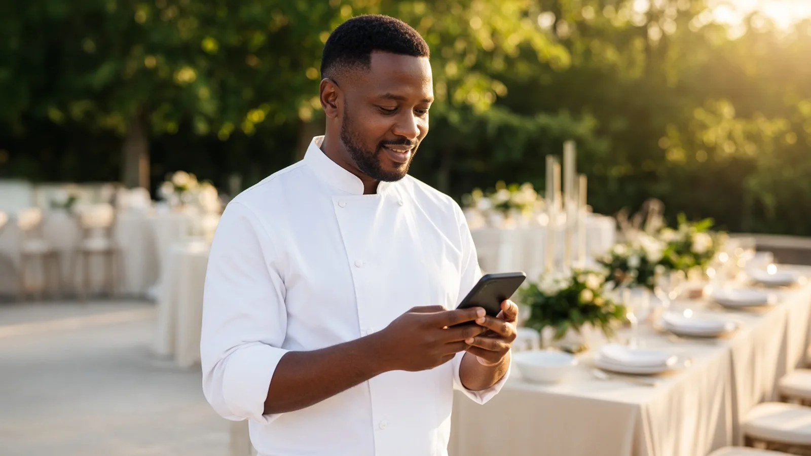 A caterer checks orders on his phone at an outdoor event set-up