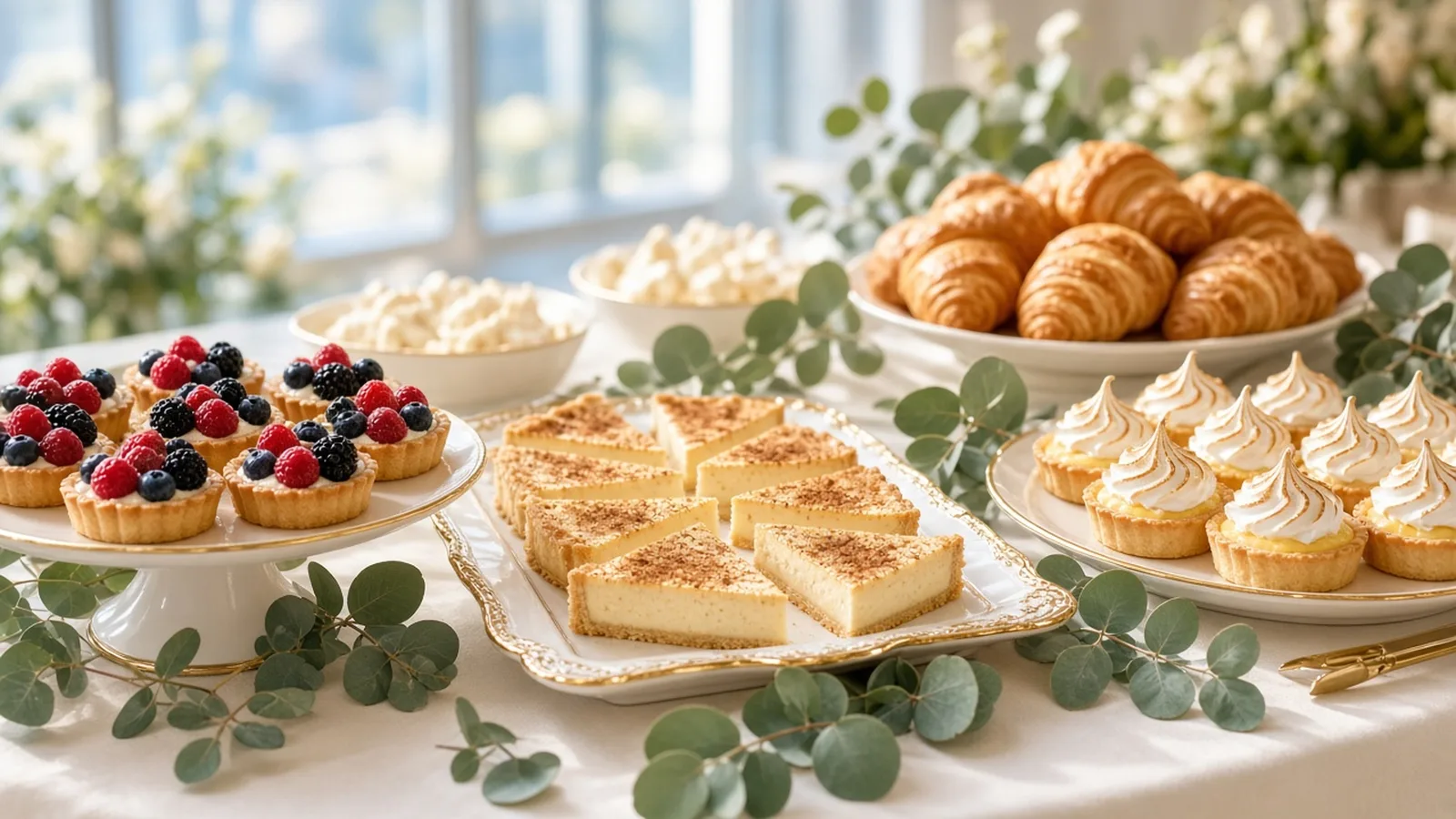 A vegetarian catering table laid with berry tarts, milk tart slices, meringue tarts and croissants